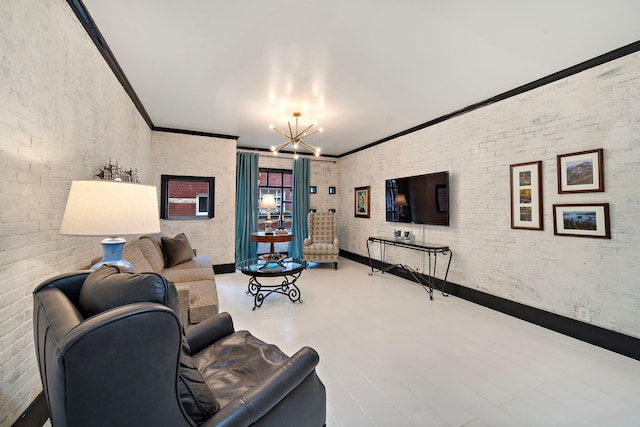 living room with ornamental molding, brick wall, and a notable chandelier