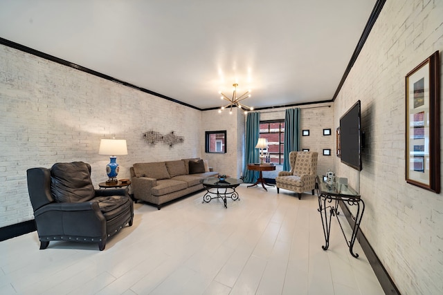 living room featuring crown molding, light wood-type flooring, and brick wall