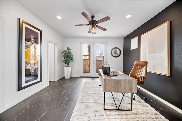 office space featuring recessed lighting, visible vents, baseboards, and french doors