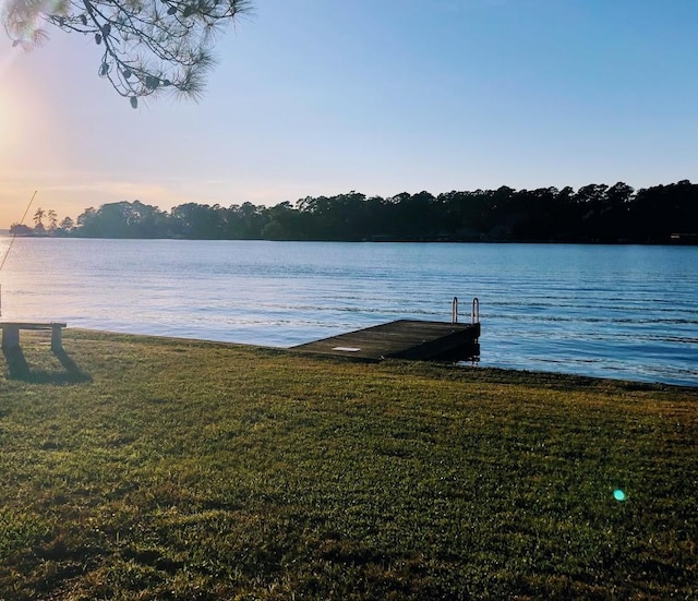 dock area with a water view and a lawn