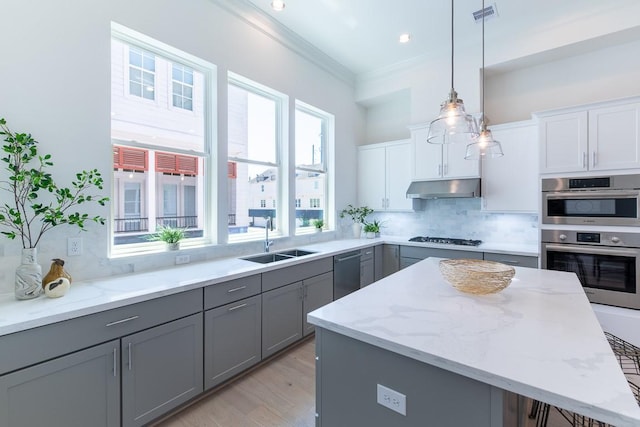 kitchen featuring appliances with stainless steel finishes, sink, white cabinets, decorative backsplash, and ornamental molding