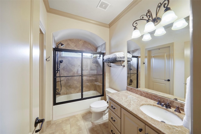 full bath featuring visible vents, toilet, ornamental molding, combined bath / shower with glass door, and vanity