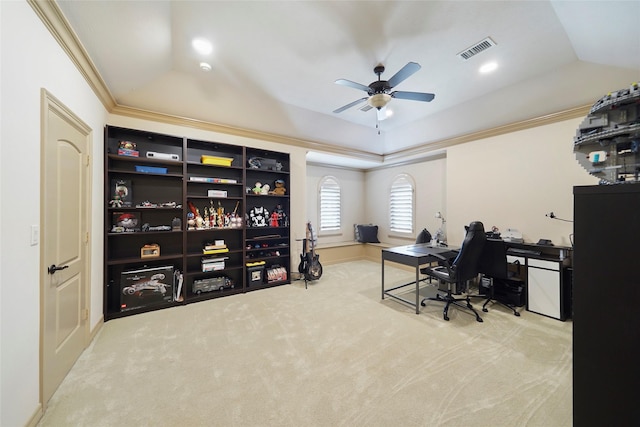 office area with lofted ceiling, carpet floors, ornamental molding, and visible vents