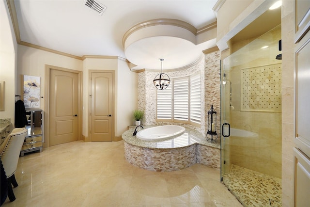 full bathroom featuring a stall shower, visible vents, a garden tub, crown molding, and a chandelier