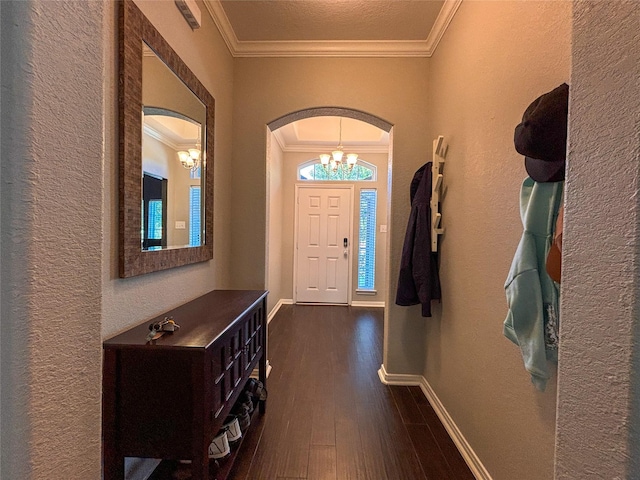 foyer with dark hardwood / wood-style flooring, crown molding, and a chandelier