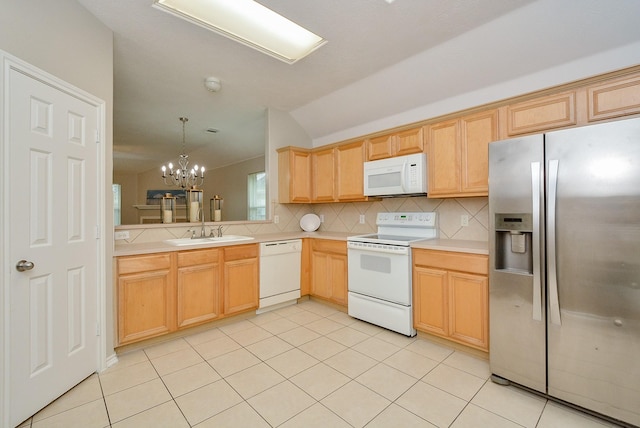 kitchen with white appliances, sink, hanging light fixtures, and backsplash