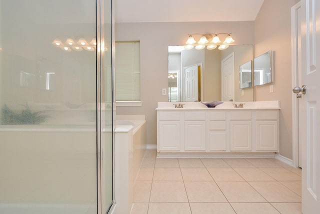 bathroom featuring vanity, separate shower and tub, and tile patterned flooring