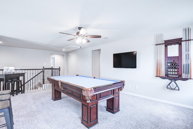 recreation room featuring light carpet, pool table, and ceiling fan