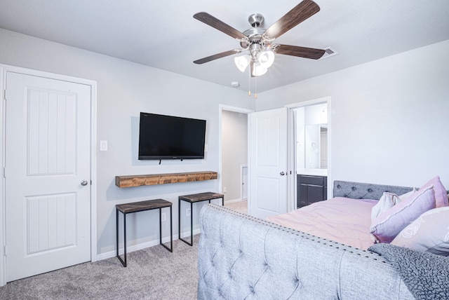 bedroom with light carpet and ceiling fan