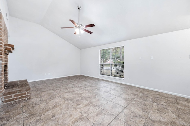 unfurnished living room with vaulted ceiling and ceiling fan