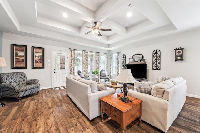 living room with dark wood-type flooring, ceiling fan, and coffered ceiling