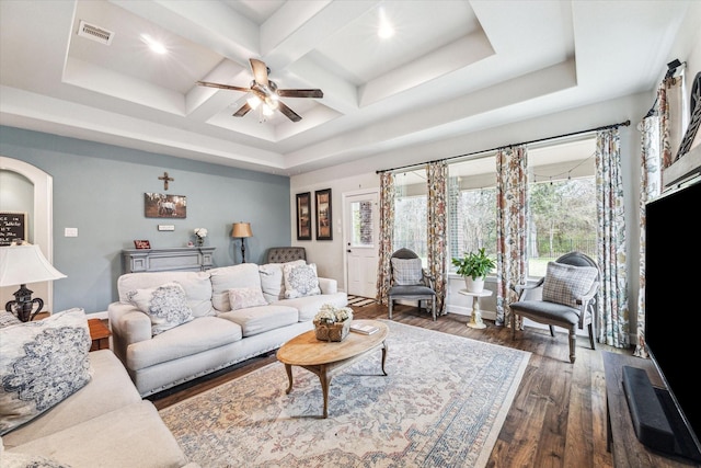 living room featuring coffered ceiling, beam ceiling, dark hardwood / wood-style floors, and ceiling fan