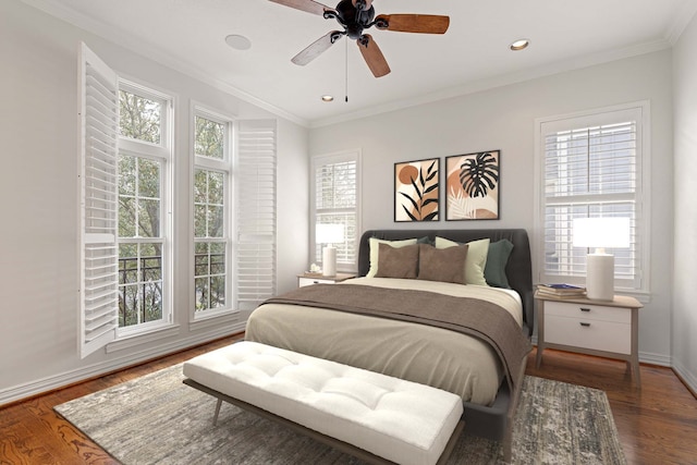 bedroom featuring ornamental molding, dark hardwood / wood-style floors, and ceiling fan