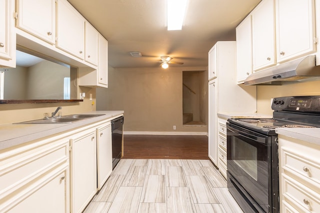 kitchen featuring sink, black appliances, light wood-type flooring, ceiling fan, and white cabinets