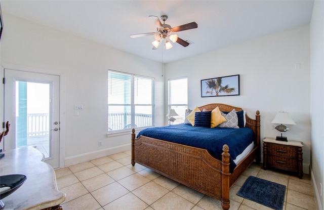 bedroom with light tile patterned floors and ceiling fan