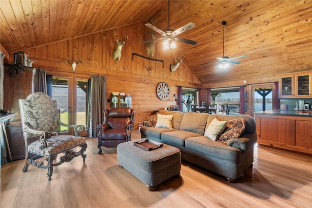 586 Beverly Blvd, Onalaska, TX 77360 - living room featuring wood walls, light wood-style flooring, wooden ceiling, ceiling fan, and high vaulted ceiling