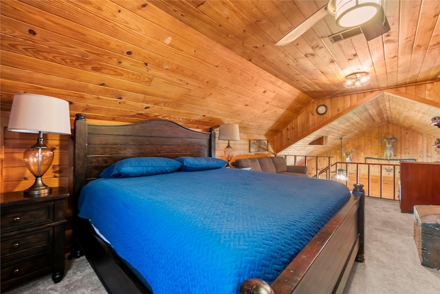 bedroom featuring light carpet, vaulted ceiling, wooden ceiling, and wood walls