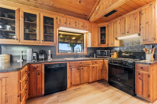 kitchen with light wood-type flooring, wood ceiling, black appliances, sink, and backsplash