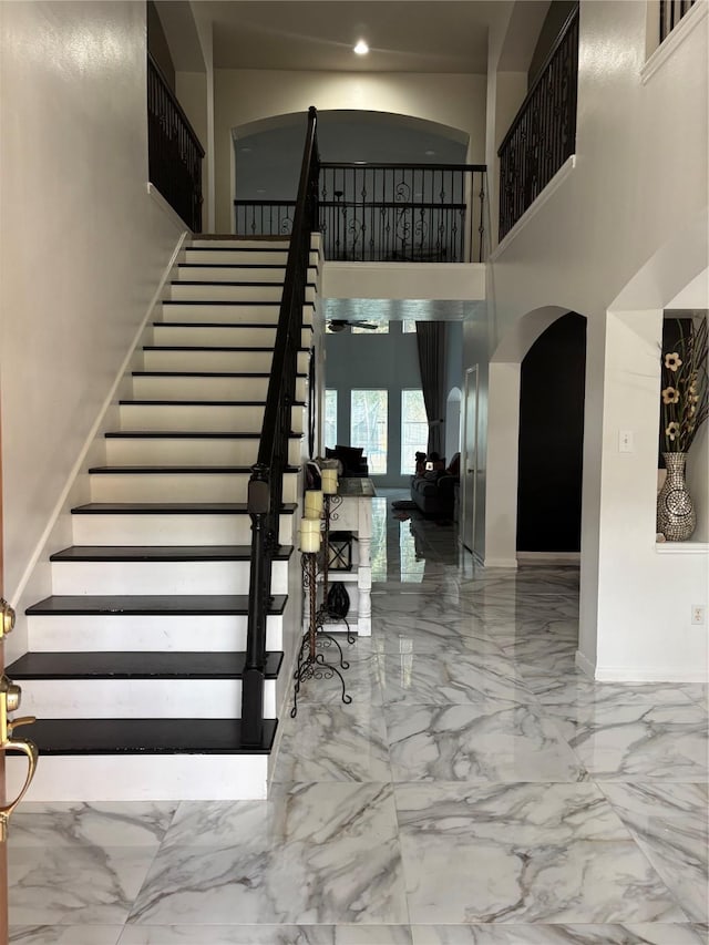 staircase featuring a high ceiling