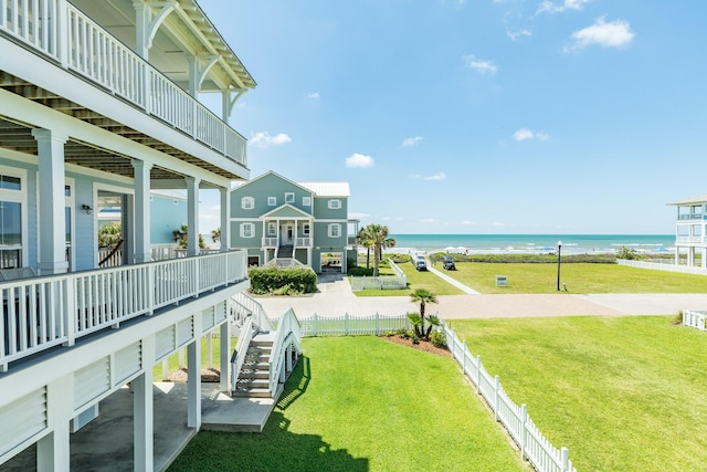 exterior space with a water view