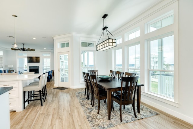 dining room with crown molding, light hardwood / wood-style flooring, and a wealth of natural light