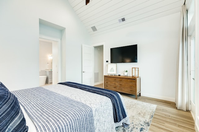 bedroom featuring hardwood / wood-style flooring, vaulted ceiling, and wooden ceiling