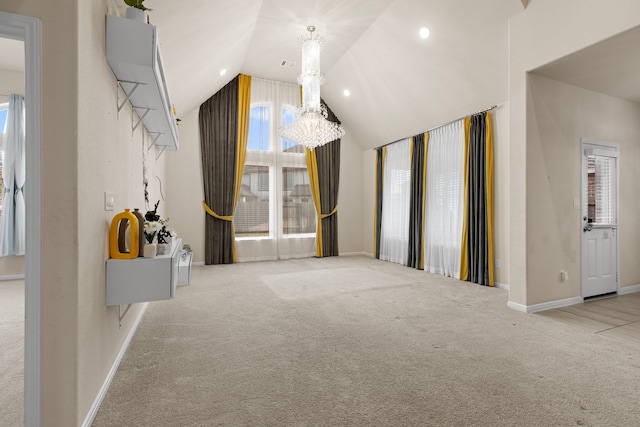 additional living space with vaulted ceiling, light carpet, and a notable chandelier