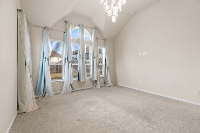 bonus room with vaulted ceiling, light carpet, and a notable chandelier