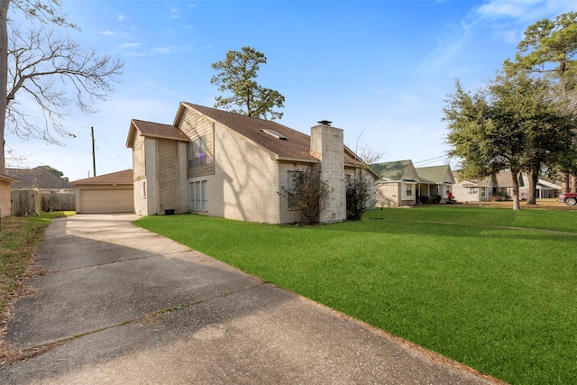 view of property exterior with a garage and a lawn