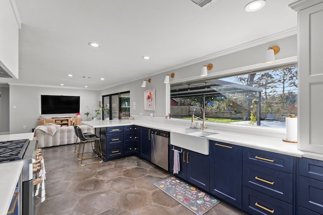 kitchen with blue cabinetry, stainless steel appliances, kitchen peninsula, and sink