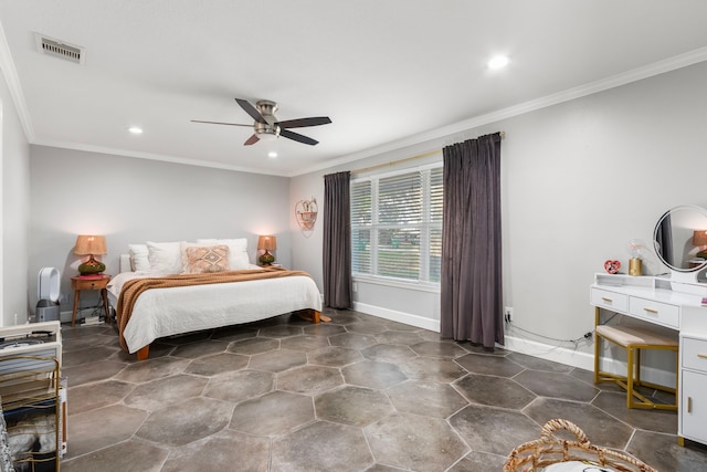 bedroom featuring crown molding and ceiling fan