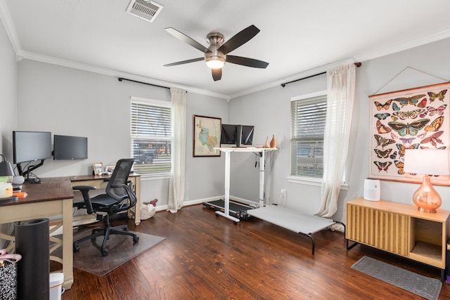 office space featuring hardwood / wood-style flooring, crown molding, and ceiling fan