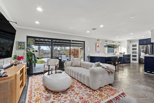 living room featuring ornamental molding and sink