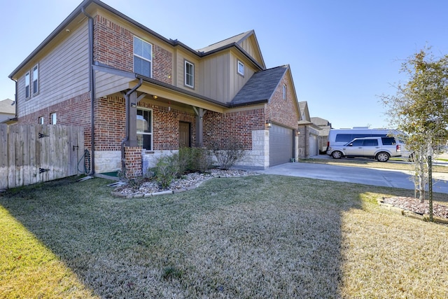 view of home's exterior featuring an attached garage, brick siding, fence, concrete driveway, and a lawn