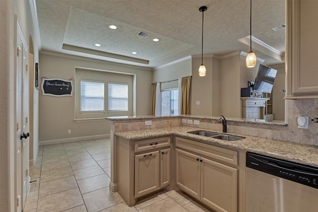 kitchen with sink, a tray ceiling, kitchen peninsula, dishwasher, and light stone countertops