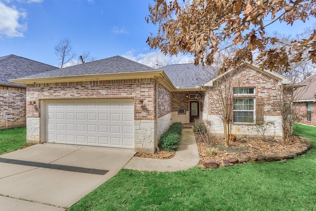 ranch-style home with a garage and a front yard