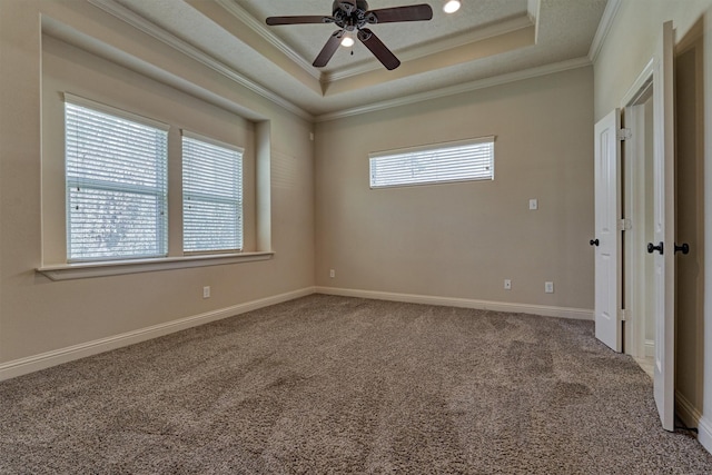 carpeted spare room with ceiling fan, ornamental molding, and a raised ceiling