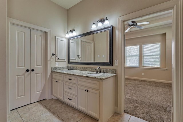 bathroom with vanity, tile patterned floors, and ceiling fan