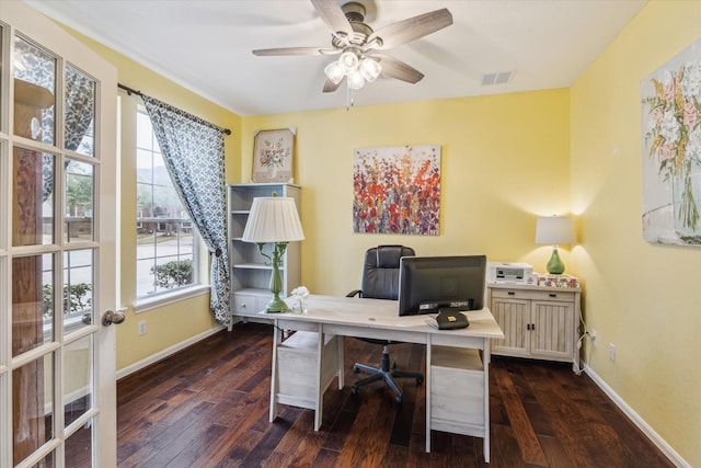 office space with ceiling fan and dark hardwood / wood-style flooring