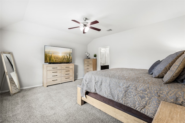 bedroom featuring lofted ceiling, visible vents, light carpet, ceiling fan, and baseboards