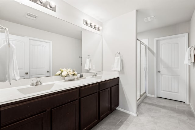 full bath featuring double vanity, a stall shower, a sink, and visible vents