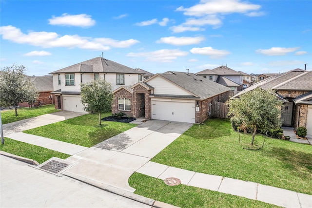 traditional-style home featuring brick siding, a front yard, a garage, a residential view, and driveway