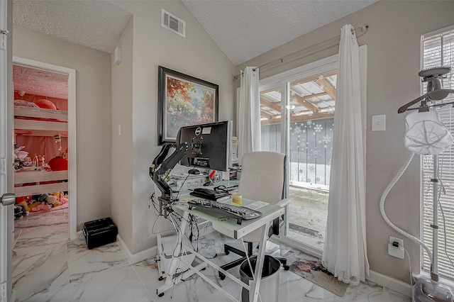 office space featuring marble finish floor, lofted ceiling, visible vents, a textured ceiling, and baseboards