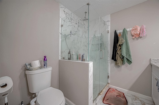 bathroom with a marble finish shower, baseboards, toilet, marble finish floor, and vanity