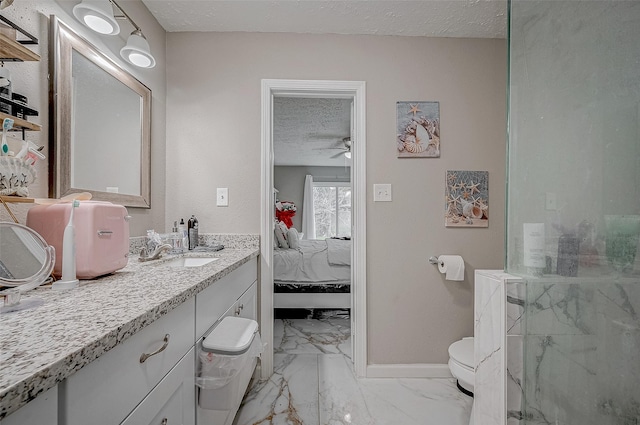 full bath featuring baseboards, toilet, ensuite bath, marble finish floor, and a textured ceiling