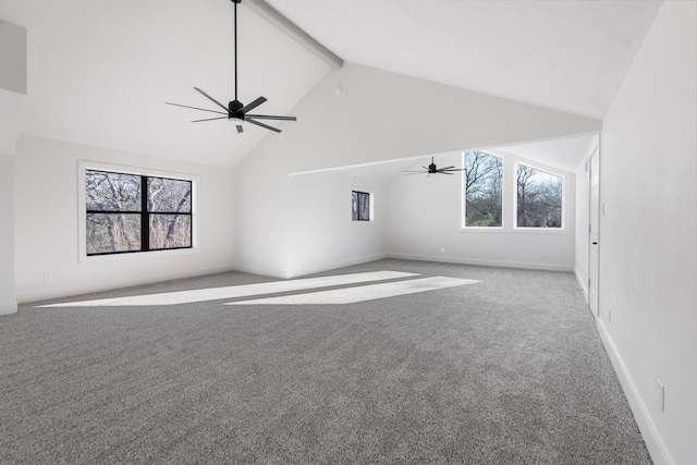 additional living space with ceiling fan, carpet, high vaulted ceiling, and beam ceiling