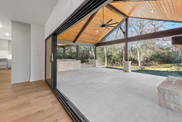 interior space with area for grilling and ceiling fan