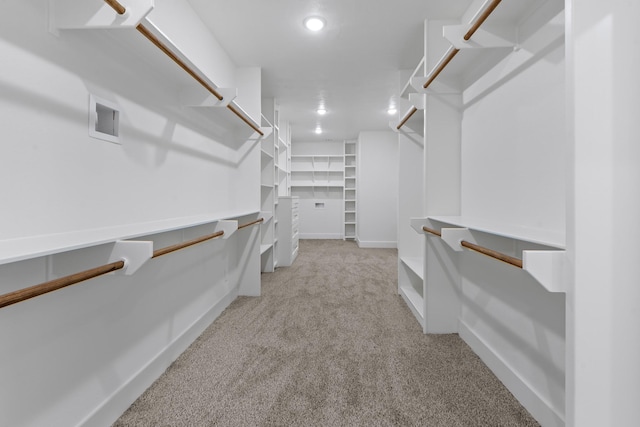 spacious closet featuring light colored carpet