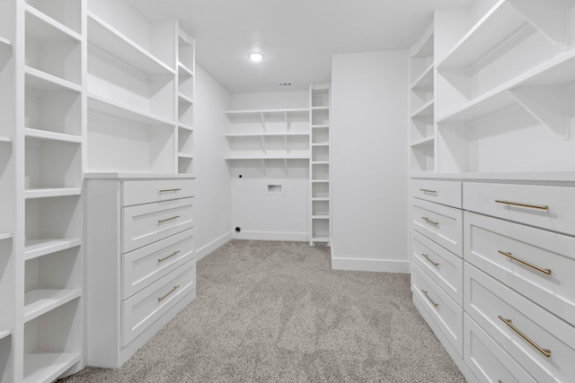 walk in closet featuring light carpet