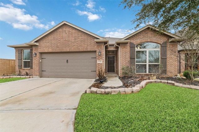 ranch-style home with a garage, concrete driveway, brick siding, and a front lawn